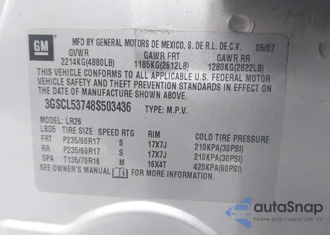 2008 Saturn Vue V6 Xr z USA, uszkodzony, nr VIN 3GSCL53748S503436